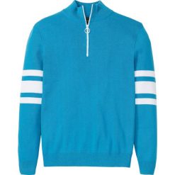 Sweter ze stójką z zamkiem, z bawełny z recyclingu bonprix turkusowy. Niebieskie swetry męskie bonprix, s, w paski, z bawełny, sportowe, ze stójką, bez kaptura. Za 74,99 zł.
