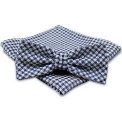 Niebiesko-Biała Mucha Męska -ALTIES- z Taką Samą Poszetką, w Drobną Kratkę MUALTS0433. Niebieskie muszki męskie Alties, na imprezę, w paski, eleganckie. Za 39,00 zł.
