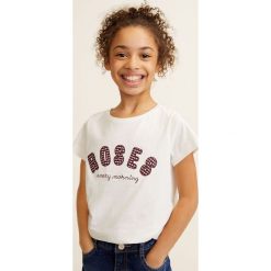 Mango Kids - Top dziecięcy Roses 110-164 cm. Białe bluzki dziewczęce Mango Kids, z nadrukiem, z bawełny, z okrągłym kołnierzem, z krótkim rękawem, krótkie, bez kaptura. Za 49,90 zł.