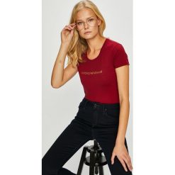 Emporio Armani - Top. Szare topy damskie Emporio Armani, l, z nadrukiem, z bawełny, z okrągłym kołnierzem. Za 219,90 zł.