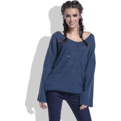 Swetry damskie: Granatowy Sweter w Serek z Kieszeniami z Przodu