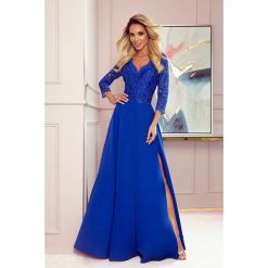 309-2 amber elegancka koronkowa długa suknia z dekoltem - chabrowa. Żółte sukienki damskie numoco, na co dzień, s, bez wzorów, z elastanu, eleganckie, bez kołnierzyka, z długim rękawem, długie, maxi, proste. Za 369,00 zł.
