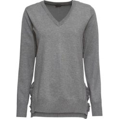 Sweter z falbanami bonprix szary melanż. Szare swetry damskie marki bonprix, bez wzorów, bez rękawów, bez kaptura. Za 69,99 zł.