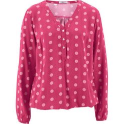 Bluzka "henley", z nadrukiem bonprix jeżynowy w kropki. Czerwone bluzki asymetryczne bonprix, w kropki, z kołnierzem typu henley. Za 37,99 zł.