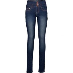 Dżinsy z wysoką talią bonprix ciemny denim. Niebieskie jeansy damskie bonprix. Za 109,99 zł.