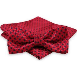 Czerwona Mucha Męska w Granatową Kratkę -ALTIES- z Taką Samą Poszetką MUALTS0589. Czerwone muszki męskie Alties, na imprezę, w paski, eleganckie. Za 40,00 zł.