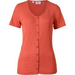 Shirt z plisą guzikową, krótki rękaw bonprix czerwony cynamonowy. Czerwone koszulki damskie bonprix, bez wzorów, bez kołnierzyka, z krótkim rękawem. Za 54,99 zł.