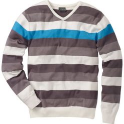 Swetry klasyczne męskie: Sweter „Slim fit” bonprix biało-szaro-turkusowy w paski