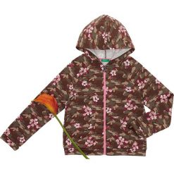 Bluza w kolorze oliwkowo-jasnoróżowym. Różowe bluzy niemowlęce Benetton Kids, z nadrukiem, z bawełny, bez rękawów, bez kaptura. W wyprzedaży za 47,95 zł.