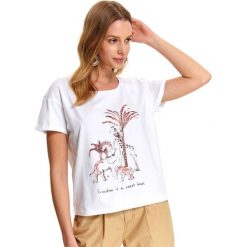 T-shirt krótki rękaw damski z nadrukiem. Białe t-shirty damskie Top Secret, z nadrukiem, z bawełny, bez kołnierzyka. W wyprzedaży za 29,99 zł.
