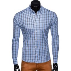 KOSZULA MĘSKA W KRATĘ Z DŁUGIM RĘKAWEM K450 - BŁĘKITNA. Niebieskie koszule męskie Ombre Clothing, s, bez wzorów, z bawełny, bez kołnierzyka, z długim rękawem. Za 29,00 zł.