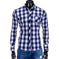 KOSZULA MĘSKA W KRATĘ Z DŁUGIM RĘKAWEM K282 - GRANATOWA. Białe koszule męskie na spinki Ombre Clothing, m, z bawełny, z długim rękawem. Za 39,00 zł.