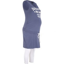 Komplet ciążowy: sukienka + legginsy bonprix niebieski indygo - biały z nadrukiem. Niebieskie legginsy ciążowe bonprix, z nadrukiem, z bawełny, z okrągłym kołnierzem, moda ciążowa, bez rękawów. Za 79,99 zł.