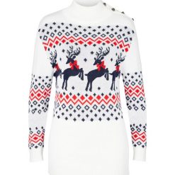 Sweter bożonarodzeniowy z guzikami bonprix biel wełny. Białe swetry damskie bonprix, bez wzorów, z wełny, bez rękawów, bez kaptura. Za 89,99 zł.