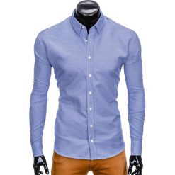 KOSZULA MĘSKA Z DŁUGIM RĘKAWEM K409 - BIAŁA/GRANATOWA. Białe koszule męskie na spinki Ombre Clothing, m, z kontrastowym kołnierzykiem, z długim rękawem. Za 59,00 zł.