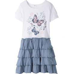 Sukienka shirtowa z falbanami bonprix biało-niebieski matowy. Białe sukienki dziewczęce bonprix, na lato, z nadrukiem, z bawełny, bez rękawów. Za 44,99 zł.