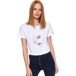 T-shirt krótki rękaw damski z nadrukiem, z aplikacją. Białe t-shirty damskie Top Secret, z nadrukiem, z bawełny, bez kołnierzyka. Za 49,99 zł.