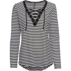 Shirt w paski ze sznurowaniem bonprix czarno-biały w paski. Czarne koszulki damskie bonprix, w paski, bez kołnierzyka, bez rękawów. Za 64,99 zł.