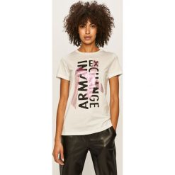 Armani Exchange - T-shirt. Białe bluzki damskie Armani Exchange, s, z aplikacjami, z bawełny, casualowe, z okrągłym kołnierzem, z krótkim rękawem. Za 239,90 zł.