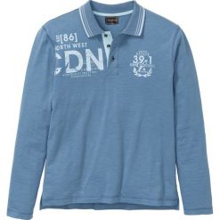 Shirt polo z długim rękawem i plisą guzikową bonprix niebieski dżins z nadrukiem. Niebieskie koszulki męskie bonprix, s, z nadrukiem, z bawełny, z długim rękawem. Za 44,99 zł.