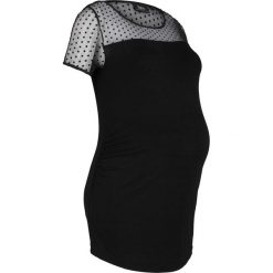 Shirt ciążowy bonprix czarny. Czarne koszulki damskie bonprix, bez wzorów, z koronki, eleganckie, bez kołnierzyka, moda ciążowa, bez rękawów. Za 89,99 zł.
