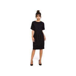 B045 Dresowa sukienka z zakładkami. Niebieskie sukienki damskie BE, xl, bez wzorów, z dzianiny, eleganckie, bez kołnierzyka, bez rękawów. Za 155,00 zł.