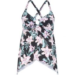 Top plażowy bonprix czarno-jasnoróżowy w kwiaty. Czarne bluzki damskie bonprix, w kwiaty, z asymetrycznym kołnierzem, bez rękawów. Za 79,99 zł.