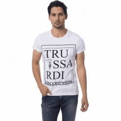 Trussardi koszulka męska L biała. Białe koszulki męskie Trussardi, m, z nadrukiem, bez kołnierzyka, bez rękawów. W wyprzedaży za 239,00 zł.