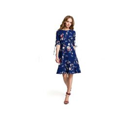 M381 Sukienka we wzór z falbankami granatowa. Szare sukienki damskie Moe, na imprezę, s, w kwiaty, z elastanu, eleganckie, z falbankami, bez rękawów, dopasowane. Za 159,00 zł.