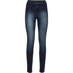 Dżinsy SKINNY z wysoką talią i kontrastowymi paskami bonprix ciemny denim. Niebieskie boyfriendy damskie bonprix. Za 74,99 zł.