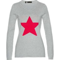 Swetry klasyczne damskie: Sweter bonprix jasnoszary melanż – różowy hibiskus melanż