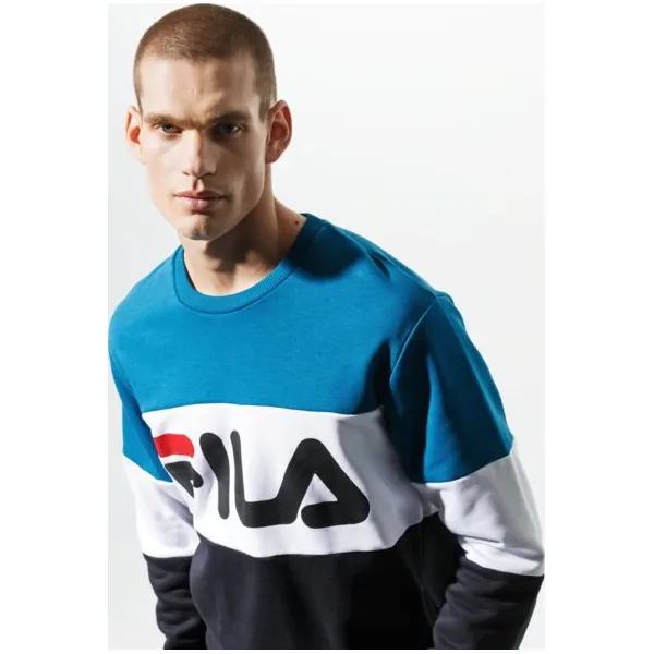 Fila Bluza Straight Blocked Crew , niebieski, rozmiar XL. Niebieskie bluzy męskie Fila, xl, z aplikacjami, z bawełny, bez kołnierzyka, bez rękawów, bez kaptura. W wyprzedaży za 179,99 zł.
