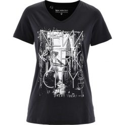 T-shirt bonprix czarny. Czarne t-shirty damskie bonprix, z nadrukiem, bez kołnierzyka. Za 34,99 zł.
