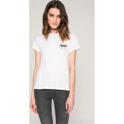 Tommy Jeans - Top. Niebieskie bluzki damskie marki Tommy Jeans, s, z nadrukiem, z bawełny, z okrągłym kołnierzem. W wyprzedaży za 129,90 zł.