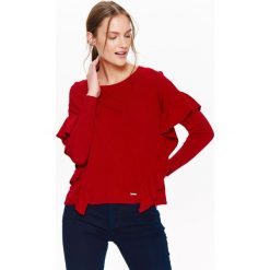 SWETER DAMSKI Z UKOŚNYMI FALBANAMI. Czerwone swetry damskie Top Secret, na lato, bez wzorów, eleganckie, bez rękawów, bez kaptura. W wyprzedaży za 69,99 zł.