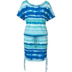 Sukienka shirtowa z wiązanymi paskami, krótki rękaw bonprix niebieski wzorzysty. Niebieskie sukienki damskie bonprix, w paski, bez kołnierzyka, z krótkim rękawem, krótkie, mini. Za 79,99 zł.