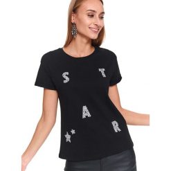T-shirt z błyszczącą aplikacją. Czarne t-shirty damskie Top Secret, z aplikacjami, eleganckie, z okrągłym kołnierzem. Za 69,99 zł.