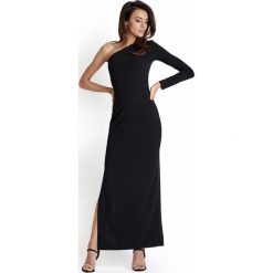 Czarna Wieczorowa Sukienka Maxi na Jedno Ramię. Czarne długie sukienki marki Molly.pl, na imprezę, l, eleganckie, z długim rękawem, dopasowane. Za 119,90 zł.