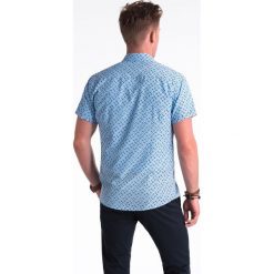 Koszula męska z krótkim rękawem K473 - niebieska/biała. Niebieskie koszule męskie Ombre Clothing, na lato, m, bez wzorów, z bawełny, klasyczne, z klasycznym kołnierzykiem, z krótkim rękawem. Za 39,00 zł.