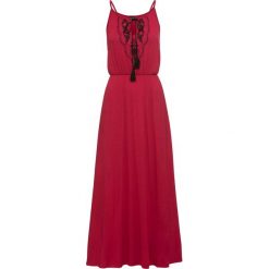 Długa sukienka z dżerseju bonprix ciemnoczerwono-czarny. Czerwone sukienki damskie bonprix, na lato, z haftami, z dżerseju, boho, bez kołnierzyka, z długim rękawem, długie, maxi. Za 79,99 zł.