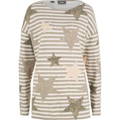 Shirt oversize, długi rękaw bonprix jasny oliwkowy - biel wełny w paski. Zielone koszulki damskie marki bonprix, w paski, z wełny, bez kołnierzyka. Za 49,99 zł.