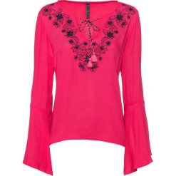 Bluzka bonprix różowy hibiskus - ciemnoniebieski z haftem. Różowe koszulki damskie marki bonprix, z haftami, bez kołnierzyka, bez rękawów. Za 59,99 zł.