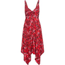 Sukienka midi z asymetrycznym dołem bonprix truskawkowy w kwiaty. Czerwone sukienki damskie bonprix, w kwiaty, z materiału, z asymetrycznym kołnierzem, bez rękawów, midi, asymetryczne. Za 99,99 zł.