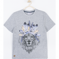 Koszulka. Szare t-shirty chłopięce marki FREE AND WILD, z aplikacjami, z krótkim rękawem. Za 49,90 zł.