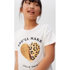 Mango Kids - T-shirt dziecięcy Lolly5 110-152 cm. Białe bluzki dziewczęce Mango Kids, z aplikacjami, z bawełny, z okrągłym kołnierzem, bez rękawów, bez kaptura. Za 45,90 zł.