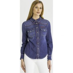 KOSZULA JEANSOWA Elisabetta Franchi. Niebieskie koszule damskie Elisabetta Franchi, bez wzorów, z jeansu, eleganckie, bez kołnierzyka, bez rękawów. Za 1499,00 zł.