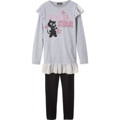 Shirt z długim rękawem + legginsy (2 części) bonprix jasnoszary melanż - czarny z nadrukiem. Szare legginsy dziewczęce bonprix, z nadrukiem, z tiulu, długie. Za 44,99 zł.