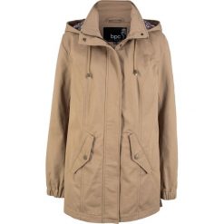 Parka przejściowa z kapturem z nadrukiem bonprix beżowy. Brązowe kurtki damskie bonprix, z nadrukiem. Za 189,99 zł.