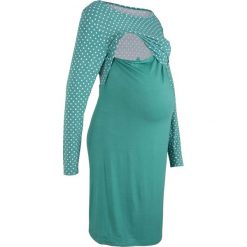 Sukienka shirtowa ciążowa i do karmienia bonprix dymny szmaragdowy. Niebieskie sukienki damskie bonprix, z nadrukiem, bez kołnierzyka, moda ciążowa, bez rękawów, dopasowane. Za 37,99 zł.