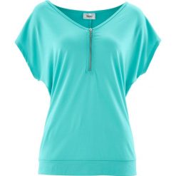 T-shirt z zamkiem, krótki rękaw bonprix zielony oceaniczny. Zielone t-shirty damskie bonprix, bez wzorów, bez kołnierzyka. Za 54,99 zł.